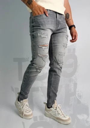 Jean Acid Slim Tiro Medio Gris Claro con Rotos para Hombre
