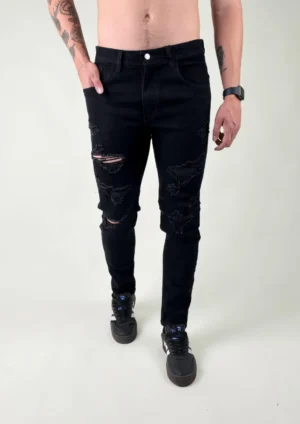 Jean Slim Tiro Medio Negro con Rotos para Hombre